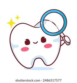 Cute Tooth With Magnifying Glass Cartoon Vector Character. Education Human Organ Dental Care Concept Design. Kawaii Object Illustration. Isolated White Background