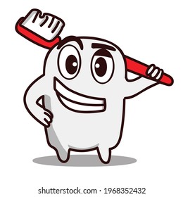 cute tooth mascot cartoon character illustration holding a toothbrush