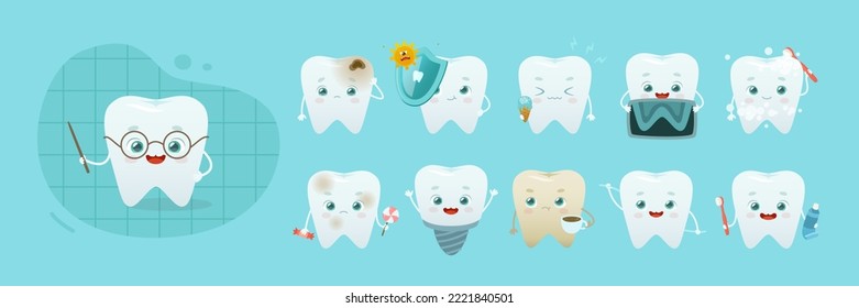 Cute tooth mascot set. Cartoon dental characters bundle for kids dental clinic. Big vector collection of adorable baby tooth.