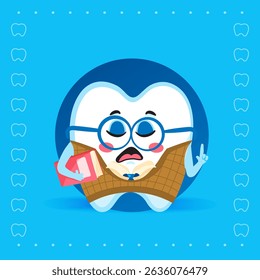 Cute tooth mascot wearing glasses and a student sweater vest, holding books with a confident expression. Educational and fun character on a blue background.