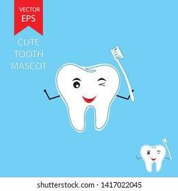 Cute tooth mascot winking and holind toothbrush on blue background EPS Vector 