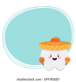 Cute tooth, Mexican, cartoon character, oral dental hygiene, vector.