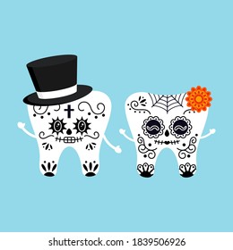 Cute tooth with Mexican day of the dead skull makeup costumes isolated vector icon set. Carnival tooth boy with hat and girl with marigold - dental character. Flat design cartoon style illustration.