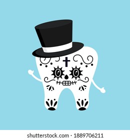 Cute tooth with Mexican day of the dead skull makeup costume isolated vector icon. Skeleton carnival tooth boy with hat and tatoo image - dental character. Flat design cartoon style illustration.