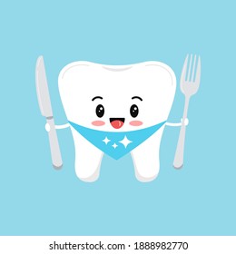 Cute tooth molar with fork and knife. Flat design cartoon style strong dental character vector illustration. Happy white tooth isolated on background. Children teeth hygiene and healthy food concept.