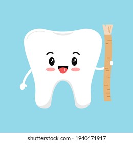 Cute tooth molar with siwak or miswak toothbrush. Flat design cartoon healthy character vector illustration. Happy white tooth isolated on background. Islamic teeth hygiene and whitening concept.