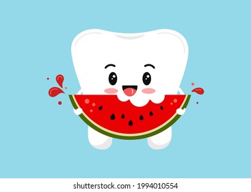 Cute tooth molar with watermelon piece in hand. Flat design cartoon smiling character vector illustration. Happy white tooth isolated on background. Children healthy food for teeth health concept.