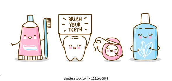 Cute tooth and objects for dental care isolated on white - funny toothpaste, brush, dental floss and mouthwash