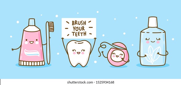 Cute tooth and objects for dental care on blue - funny toothpaste, brush, dental floss and mouthwash