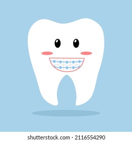 Cute tooth with orthodontic bracket cartoon character in flat design. Dental orthodontic treatment.