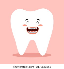 Cute tooth with orthodontic bracket cartoon character in flat design. Dental orthodontic treatment.