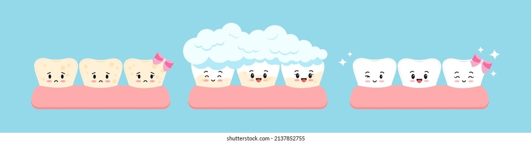 Cute tooth with plaque, whitening stage kids clean tooth in gym before, after concept. Teeth stain hygiene treatment. Flat cartoon emoji character vector illustration. Dental hygiene stained teeth.