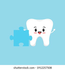 Diente lindo con pieza de rompecabezas. Dibujo plano estilo caricatura fuerte de carácter molar sonriente ilustración vectorial. El diente feliz sostiene parte del rompecabezas. Higiene de dientes para niños y concepto de educación o desafío.