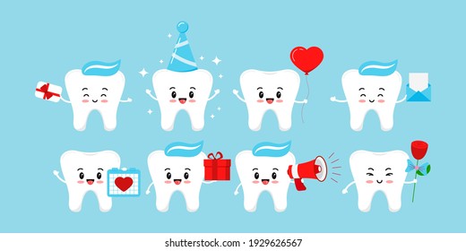 Cute tooth sale and holiday dental icon set isolated on background. Teeth with megaphone, gift card, gift, rose, birthday cap, gift, heart balloon flat design cartoon vector advertising illustration. 