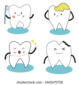 Cute tooth set, cleaning teeth and tooth decay.