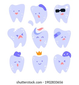 Cute tooth set. Hand drawn cartoon characters with different emotions. Vector illustration in flat trendy style isolated on white background.