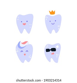 Juego de dientes. Personajes de dibujos animados hechos a mano con diferentes emociones. Ilustración vectorial de estilo plano y a la moda aislada en el fondo blanco.