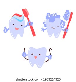 Cute tooth set. Hand drawn cartoon characters with different emotions. Vector illustration in flat trendy style isolated on white background.