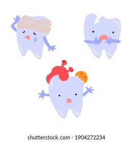 Cute tooth set. Hand drawn cartoon characters with different emotions. Vector illustration in flat trendy style isolated on white background.