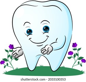 The cute tooth is showing something in the garden of illustration