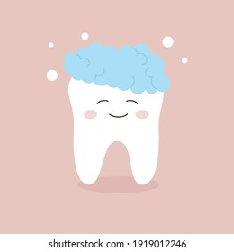 Cute tooth with smile in toothpaste. Healthy tooth concept vector illustration. Isolated on pink background.
