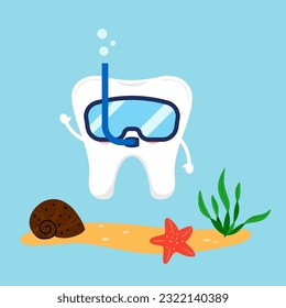 Esnórquel suave con máscara bajo el agua. Hola concepto de verano con dientes felices y conchas. Dibujo plano estilo caricatura vacaciones sonriente caracter vectorial ilustración de carácter dental. 