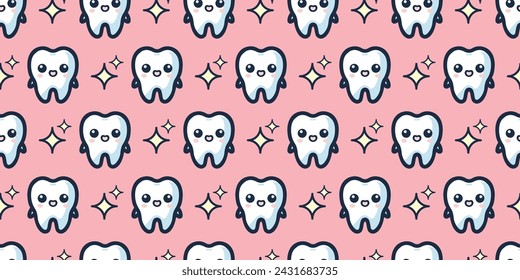Cute Tooth and Sparkle Seamless Pattern.Vector.