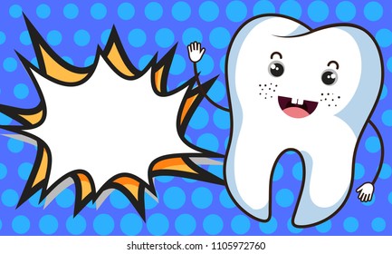 Cute tooth with speech bubble. Pop art style. Vector illustration
