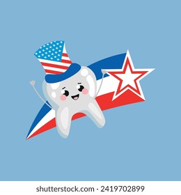 Cute tooth with star and top hat in colors of USA flag on blue b