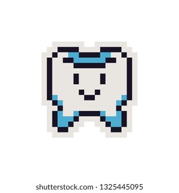 Cute tooth sticker. Pixel art icon. Design for logo dental clinic, web, mobile app, badges and patches. Video game sprite. 8-bit. Isolated vector illustration.  