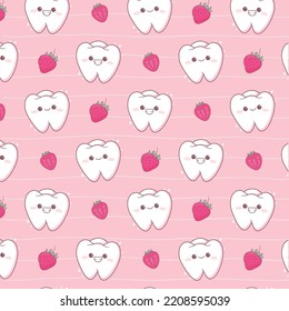 Cute Tooth And Strawberry Toothpaste Seamless Pattern Pink Background 