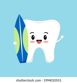 Cute tooth with surfboard for summer sea sport in hands. Happy healthy teeth kawaii character. Flat design cartoon style sporty concept for children dentistry education. Vector illustration.