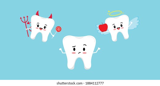 Cute tooth think and devil with angel on its shoulder. Tooth try make a choice between good apple and bad candy unhealthy food. Flat design cartoon style dental kids character temptation concept.