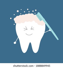 Cute tooth with a toothbrush brushes himself with toothpaste.