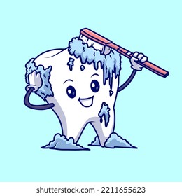Diente lindo con pincel de dientes Ilustración del icono del vector de dibujos animados. Vector Premium Aislado De Concepto De Icono Sano De Objeto. Estilo de dibujo plano
