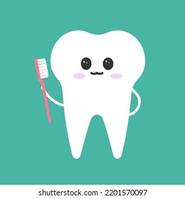 Cute tooth with toothbrush character White tooth vector illustration happy. Cartoon tooth 