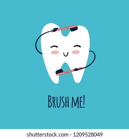 Cute tooth with toothbrush cleaning itself. Brush me text. Fun health care concept illustration.