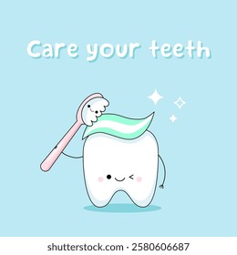 A cute tooth and a toothbrush. kawaii characters for a banner or poster. The concept of oral care, pediatric dentistry