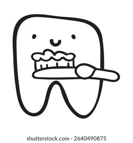 Cute tooth with toothbrush. Outline vector design. Hand drawn illustration on white background.