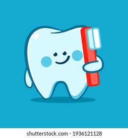 Cute tooth with a toothbrush vector cartoon character isolated on background.