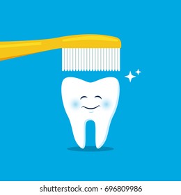 Cute tooth with toothbrush. Vector illustration. For kids, web, print