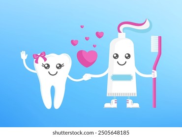 Cute tooth and toothpaste holding hands with love. Dental health, dentistry concept. Oral hygiene. Flat cartoon vector illustration for childrens clinic.