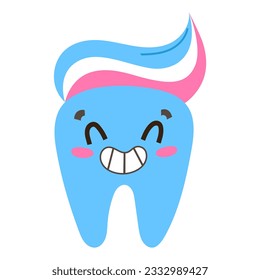 Cute tooth with toothpaste smear on top, smiling cartoon character, dental care illustration, flat vector icon isolated on white background