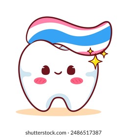 Netter Zahn mit ZahnpastaCartoon Vektorgrafik Charakter. Bildung Human Organ Dental Care Concept Design. In: Kawaii Object Illustration. Isolierter weißer Hintergrund