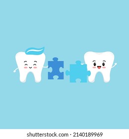 Cute tooth try to connect puzzle piece. Flat cartoon style smiling kids dental character vector illustration. Happy tooth holds puzzle part. Children teeth hygiene and education or challenge concept.