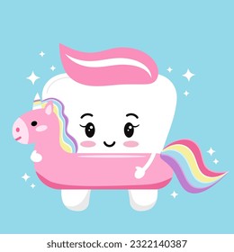 Cute tooth with unicorn rubber ring for swimming. Hello summer concept. Flat design cartoon style holiday smiling tooth character vector illustration with swim circle for pool. 