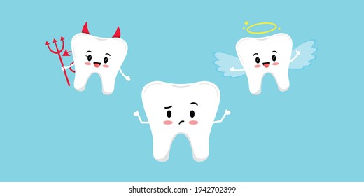 Cute tooth upset think and devil with angel on its shoulder. Tooth try make a choice between good and bad desigion. Flat design cartoon style dental kids character temptation concept.