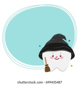 Cute tooth, witch, Halloween costume, cartoon character, oral dental hygiene, vector.