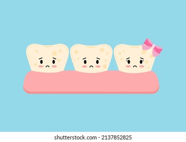 Diente lindo con placa amarilla antes del icono del blanqueamiento. Tratamiento de manchas, limpieza, blanqueamiento. Ilustración vectorial del personaje de dibujos animados planos. Dentadura manchada de higiene dental