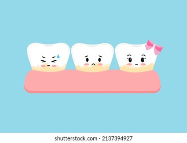 Cute tooth with yellow tartar plaque icon. Teeth stain treatment, cleaning, whitening concept. Flat cartoon emoji character vector illustration. Dental hygiene stained teeth